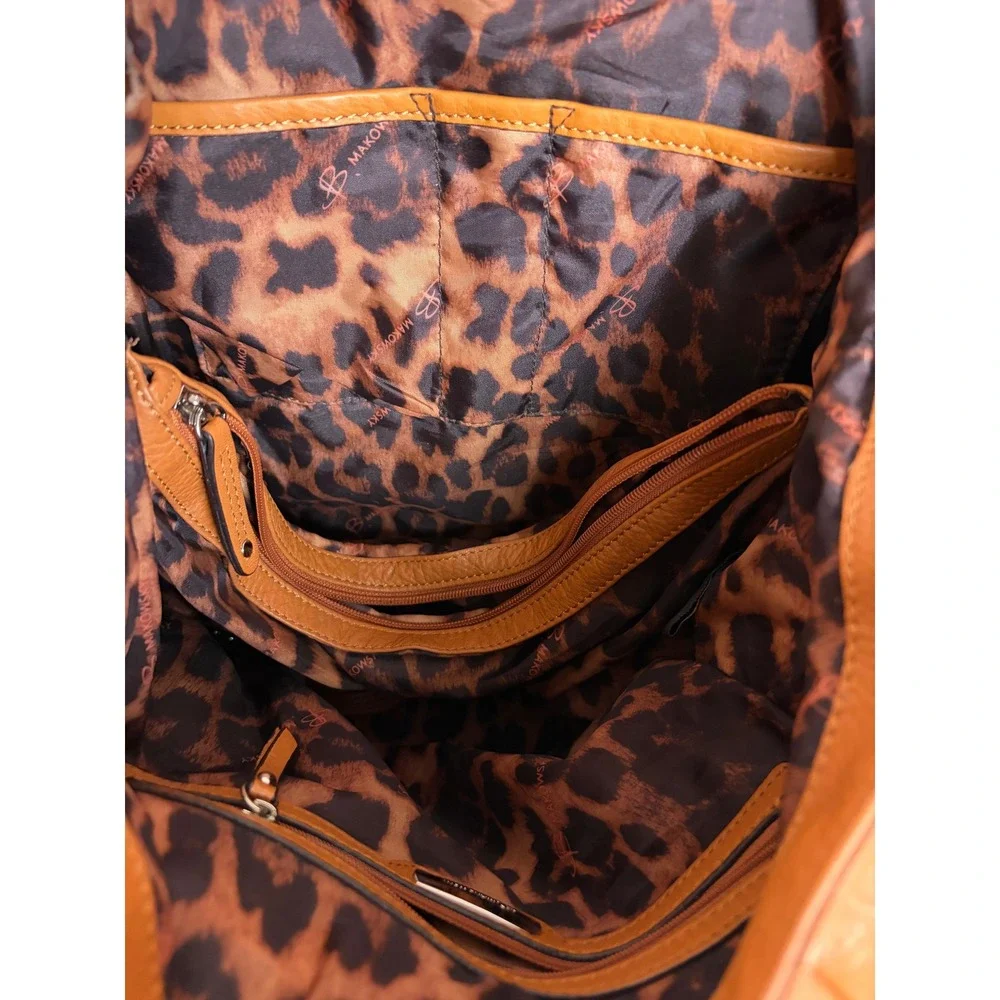 B. Makowsky Cognac Tan Pebbled Leather Chain Shoulder Bag Tote Leopard Lining - Picture 4 of 5